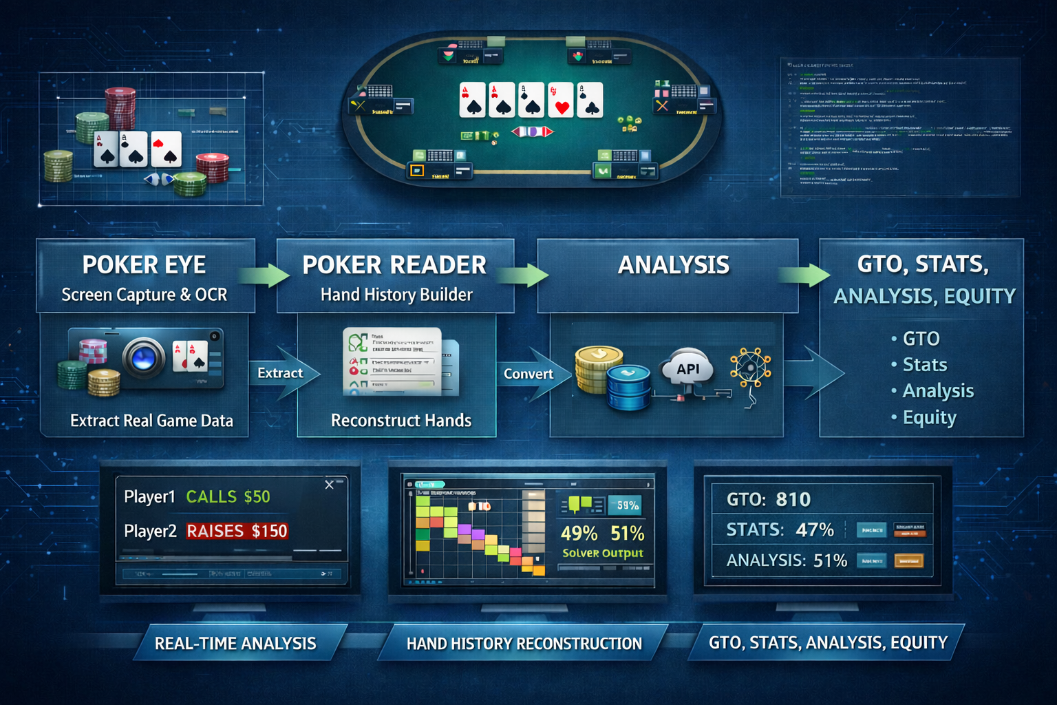 Poker Vision pipeline: poker OCR and Poker Reader from screen to hand history, player and game state, analysis and equity.